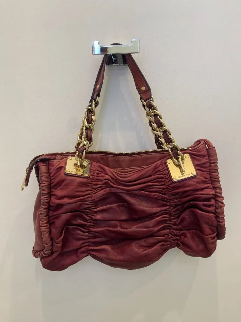 Michael Kors Gathered Leather Chain Shoulder Tote Bordeaux Wine Gold Hardware